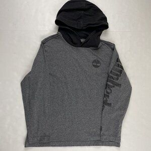 TIMBERLAND Hooded T-Shirt Youth Boys M(10-12) Long Sleeve Spellout Gray Black